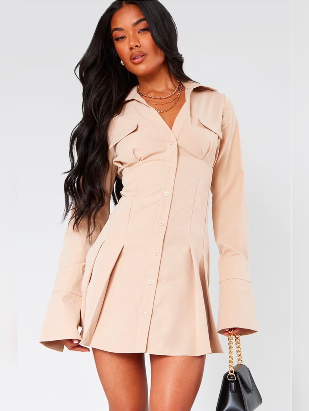 PrettyLittleThing Neutral Mini Shirt Dress Bow Sleeve US 12 New With Tags